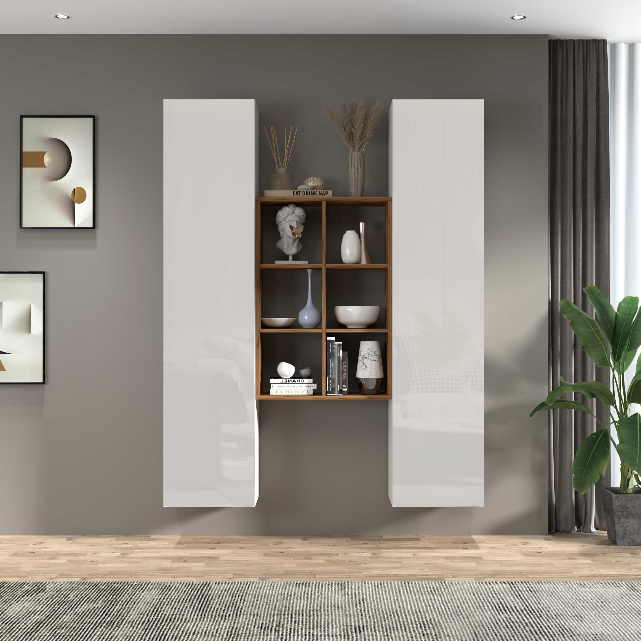 WHOUS Parete Attrezzata Bianco Lucido/Rovere con 2 Armadi a Colonna e 1 Libreria a 6 Scomparti, Made in Italy