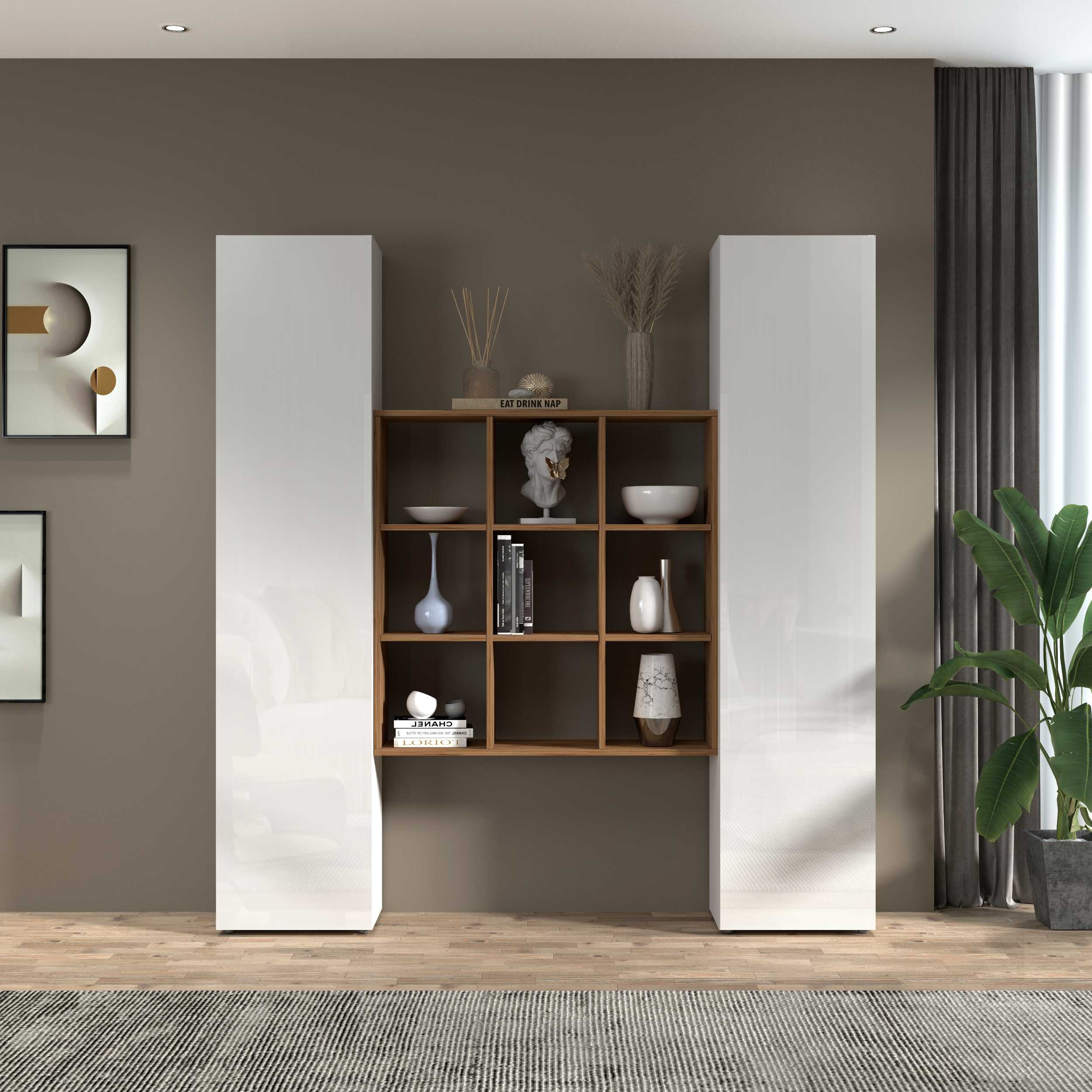 WHOUS Parete Attrezzata Bianco Lucido/Rovere con 2 Armadi a Colonna e 1 Libreria a 9 Scomparti, Made in Italy