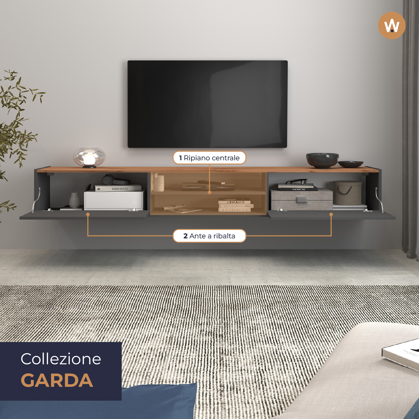 Whous Mobile Porta Tv Garda Per Soggiorno Con 2 Ante A Ribalta E 1 Ripiano Centrale, Mobile Tv Per Salotto In Legno, 210X35X30 Cm, Antracite Opaco E Rovere